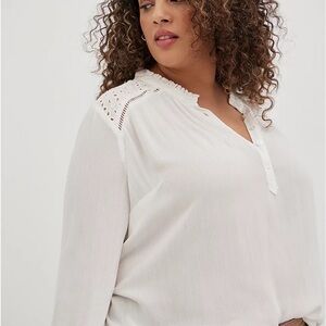 Torrid White Gauze Eyelet Yoke Button Front Blouse